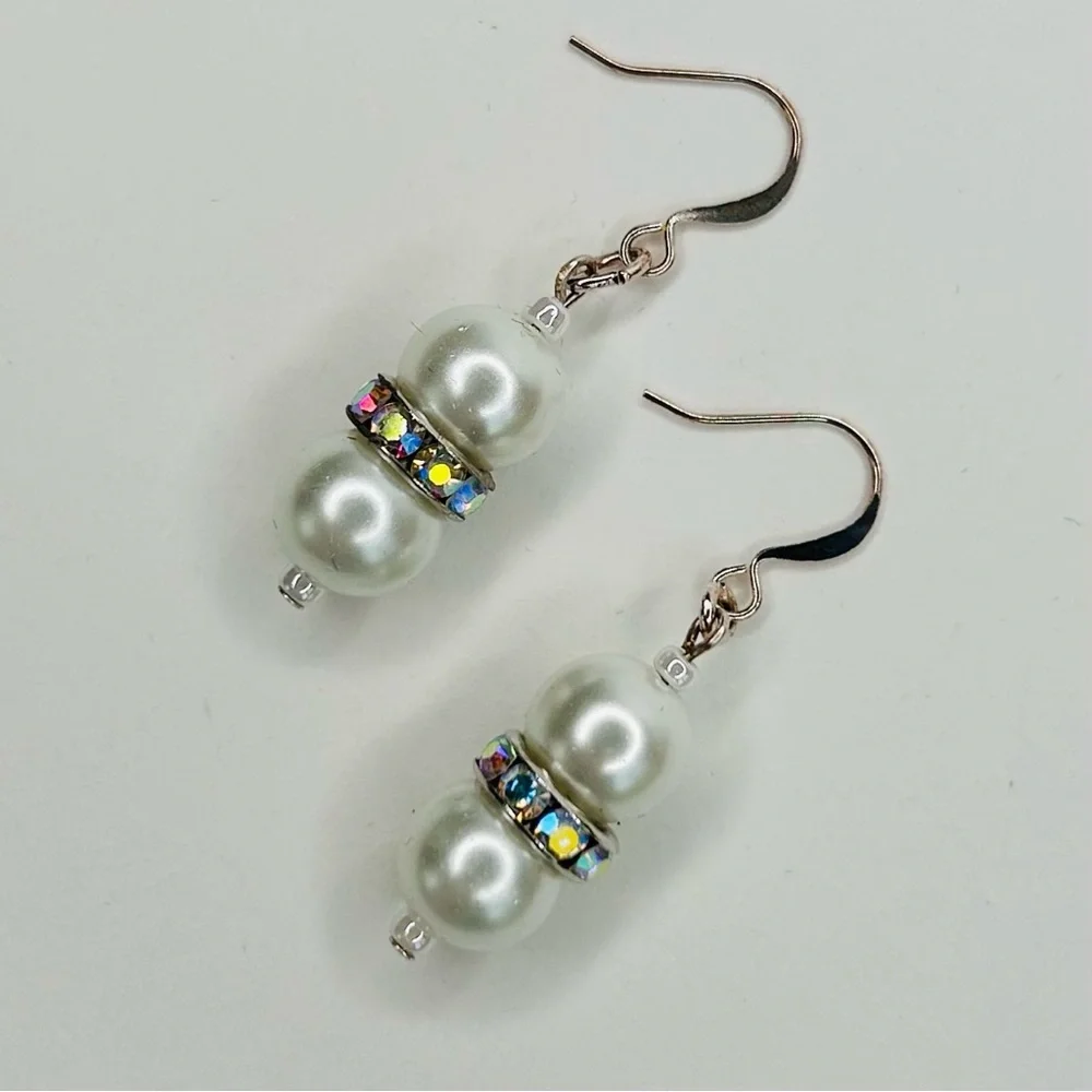 HAND CRAFTED Pearl EARRINGS White Silver Czech Crystal Rondelle Drop NWT - Picture 3 of 10
